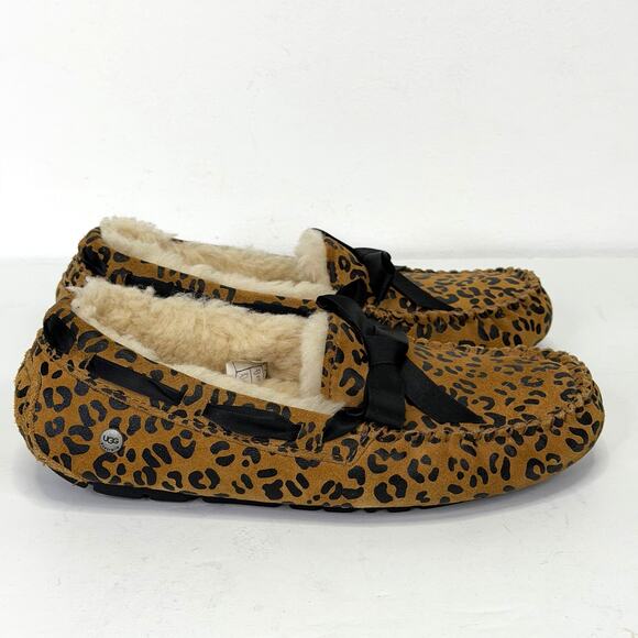 UGG Leopard Print Moccasin Slippers Womens 6 Chestnut Cozy Bow Shearling Shoe - Picture 6 of 13